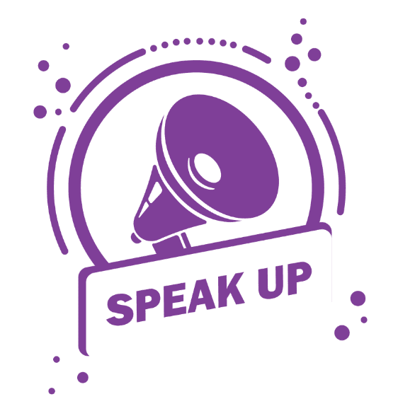 Megaphone with text saying "Speak Up" about pelvic pain